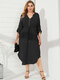 Plus Size V-neck Zip Front Drawstring Long Sleeves Midi Dress - Black