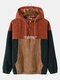 Mens Corduroy Colorblock Patchwork Letter Embroidered Street Drawstring Hoodies - Brown
