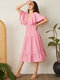 Brief Solid Butterfly Sleeve Open Back Deep V-neck Cozy Dress - Pink
