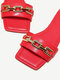 Women Casual Metal Chain Design Wide Band Square Toe Opend Stripe Slippers - Red