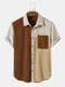Mens Corduroy Color Block Stitching Casual Short Sleeve Shirts - Coffee