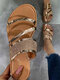 Women Large Size Rhinestone Causal Comfortable Flat Stripe Slippers - Gold