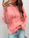 Solid Pocket Hooded Drawstring Long Sleeve Knit Sweater - Pink