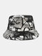 Unisex Cotton Tie-dye Letter Graffiti Printing Big Brim Sunshade Bucket Hat - Black