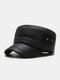 Men Lychee Pattern PU Solid Patchwork Rivet Decoration Built-in Ear Protection Warmth Windproof Military Cap Flat Cap - Black