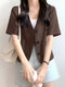 Solid Button Front Pocket Short Sleeve Lapel Blazer - Coffee