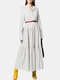 Solid Color Pleated V-neck Long Sleeve Casual Dress for Women - White