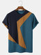 Mens Knit Irregular Color Block Stitching Preppy Short Sleeve T-Shirts - Blue