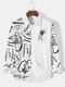 Mens Abstract Face Rose Print Button Up Street Long Sleeve Shirts - White