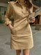 Women Solid Lapel Half Button Casual Long Sleeve Dress - Khaki
