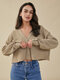 Solid Button V-neck Pocket Long Sleeve Blouse Women - Khaki