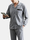 Grey Cotton Fine Grain Sleepwear Sets Long Sleeve Lapel Collar Button Chest Pocket Pajamas - Grey