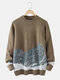 Mens Landscape Ribbed Knit Crew Neck Casual Pullover Sweaters - Brown