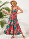 Floral Print Shirring Tie-up Straps Sleeveless Maxi Dress - Red