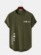 Mens Japanese Slogan Print Curved Hem Short Sleeve T-Shirts - Army Green