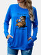 Women Sloth Print Pocket Long Sleeve O-neck Casual T-Shirt - Blue