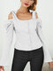 Women Solid Color Off Shoulder Bowknot Button Long Sleeve Blouse - White