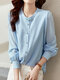 Women Plain Stand Collar Button Up Long Sleeve Shirt - Blue