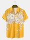 Mens Monochrome Plant Flower Print Button Up Short Sleeve Shirts - Yellow