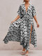 Splited Batting Sleeve Print Bohemian Maxi Dress For Women - Black