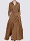 Women Solid Pleated Lapel Casual Long Sleeve Maxi Dress - Khaki