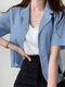 Solid Button Front Lapel Short Sleeve Casual Blazer - Blue
