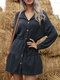 Solid Color Knitted Knotted Button Long Sleeve Casual Dress for Women - Blue