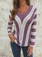 Irregular Stripe V-neck Long Sleeve Vintage Plus Size Knit Blouse - Purple