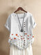 Floral Print Button O-neck Short Sleeve Casual T-Shirt For Women - White