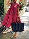 Robe en coton à manches volantées pour femmes, conception superposée, couleur unie - Rose