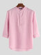 メンズ3/4スリーブスタンドカラーボタンブラウスプルオーバーカジュアルヘンリーシャツ - ピンク