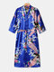 Women Floral Peacock Print Luxury Satin Faux Silk Home Kimono Robes - Blue