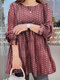 Women Polka Dot Tiered Design Crew Neck Long Sleeve Blouse - Pink