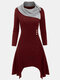 Asymmetrical Patchwork O-neck Long Sleeve Plus Size Button Dress - Wine Red