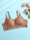Women Floral Lace Jacquard Breathable Lightly Lined Back Closure Bra - Brown