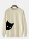 Mens Black Cat Print 100% Cotton Crew Neck Casual Pullover Sweatshirt - Apricot