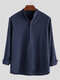 Mens Solid Stand Collar Button Long Sleeve Shirt - Navy