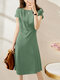 Solid Invisible Zip Side Short Sleeve Crew Neck Dress - Green