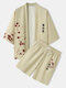 Mens Plum Bossom Character Print Kimono Two Pieces Outfits - Khaki