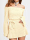 Solid Color Off-shoulder Tie Waist Long Sleeve Mini Dress For Women - Yellow