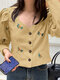 Corduroy Floral Embroidery Square Collar Puff Sleeve Jacket - Beige
