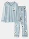 Women Cartoon Calico Letter Printed V Neck Long Pajamas Sets - Blue