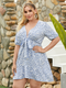 Floral Print Knotted V-neck Plus Size Dress for Women - Blue