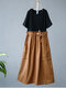 Ethnic Plaid Print Patchwork Short Sleeve Vintage Dress - Coffee