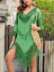 Women Crochet Tassel V-Neck Solid Color Pullover Cover Up Swimsuit - Green