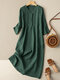 Solid V-neck 3/4 Sleeve Button Casual Dress - Dark Green