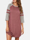 Plus Size Women Patchwork 3/4 Sleeve Round Neck Nightdress Casual Pajamas - Wine Red