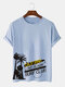 Mens Coconut Tree Letter Print Cotton Short Sleeve T-Shirts - Blue