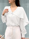 Ruffle Solid Long Sleeve V-neck Button Front Blouse - White