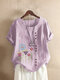 Cartoon Flower Embroidery Short Sleeve T-shirt For Women - Purple